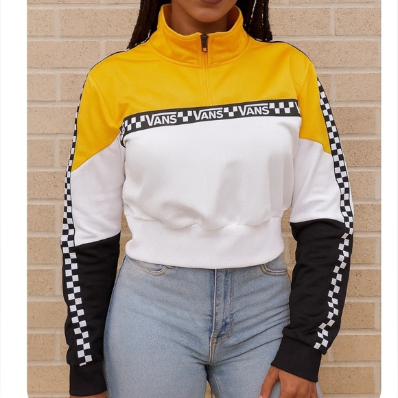 Vans Black Yellow Checked Crop Top Womems XS Racing stripe 1/4 zip up Nascar - Picture 1 of 11